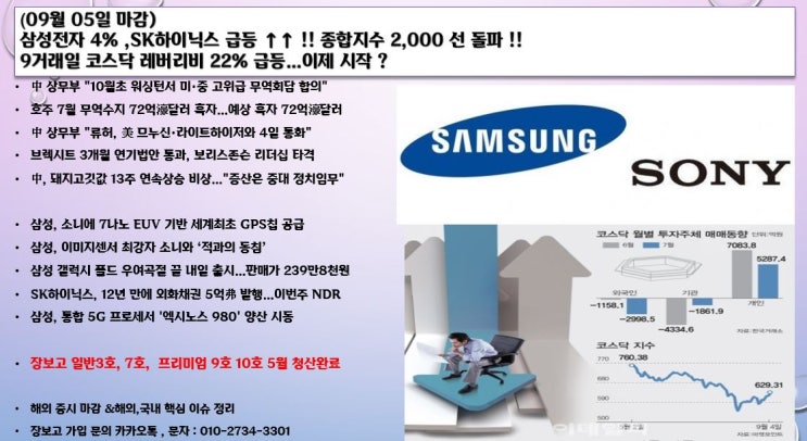  (09월 05일 마감)  삼성전자 4% ,SK하이닉스 급등 ↑↑ !! 종합지수 2,000 선 돌파 !! 9거래일 코스닥 레버리비 22% 급등…이제 시작 ?  中 상무부 "10월초