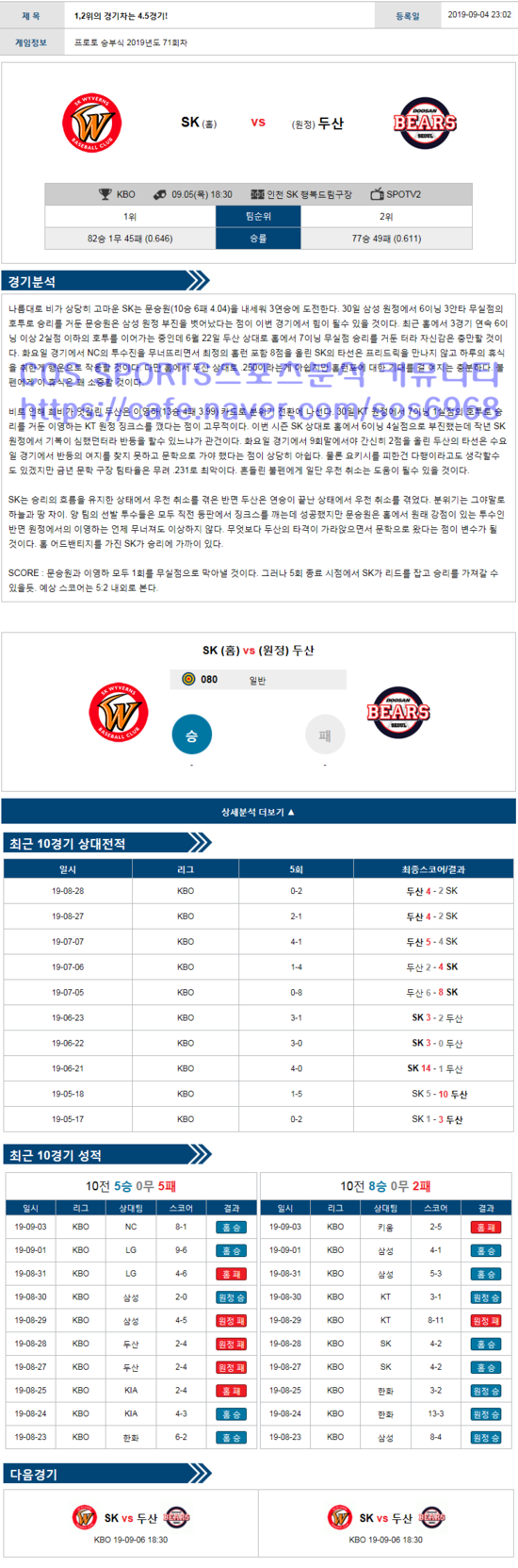  09월05일 KBO 한국프로야구 KBO분석 국야분석