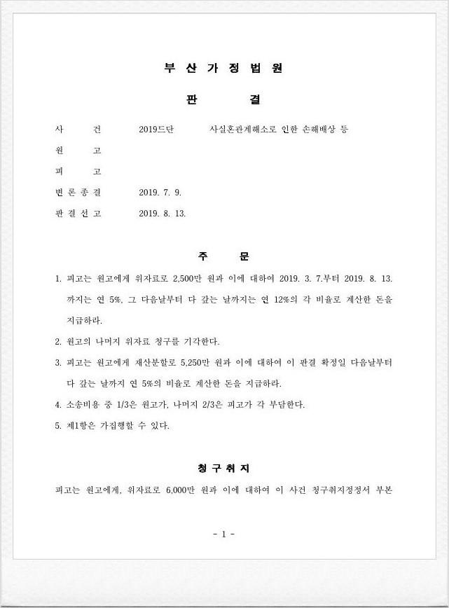  [가사/사실혼관계해소로 인한 손해배상 등] 원고의 사실혼 관계 부당파기로 인한 위자료 청구를 일부 인용한 사례