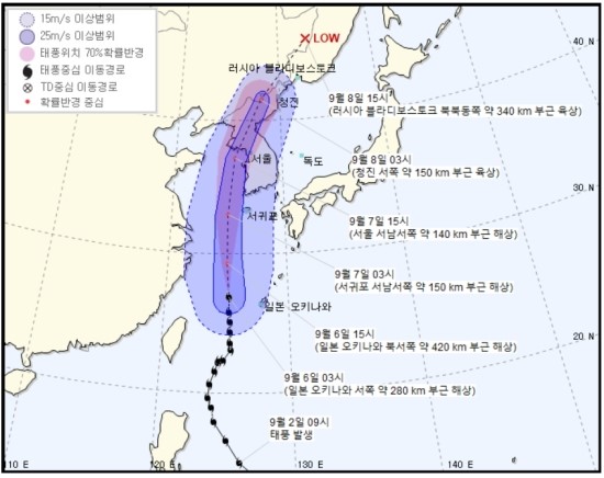  강력한 태풍 링링(LINGLING)예상 경로.. 제주도 오후부터 태풍 영향권 내일 서해안 수도권 통과