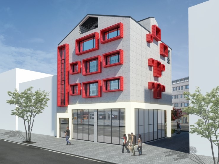 깔끔한 건물의 개구부 빨간색 포인트가 개성적인 건물 외부투시도