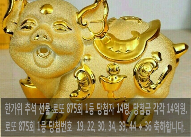  동행복권, 행복나눔, 나눔로또, 로또 875회 1등 당첨자 14명, 당첨금 각 14억원, 19,22,30,34,39,44+36, 로또 1등 당첨금 반만 투자하면 매년 3억원 받는다