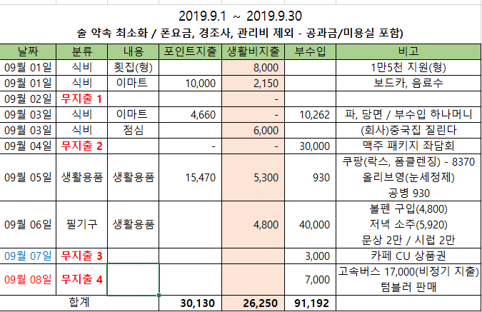  [1인가구 한달 30만원 살기] 9월 1일 ~ 8일 가계부