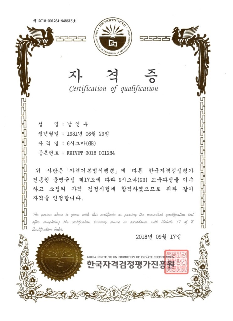 6 시그마(GB) (삼성 시스템) 취득. 대한 소상공인 지원협회장 남인우, 한국 평생 직업교육원 교수 남인우.