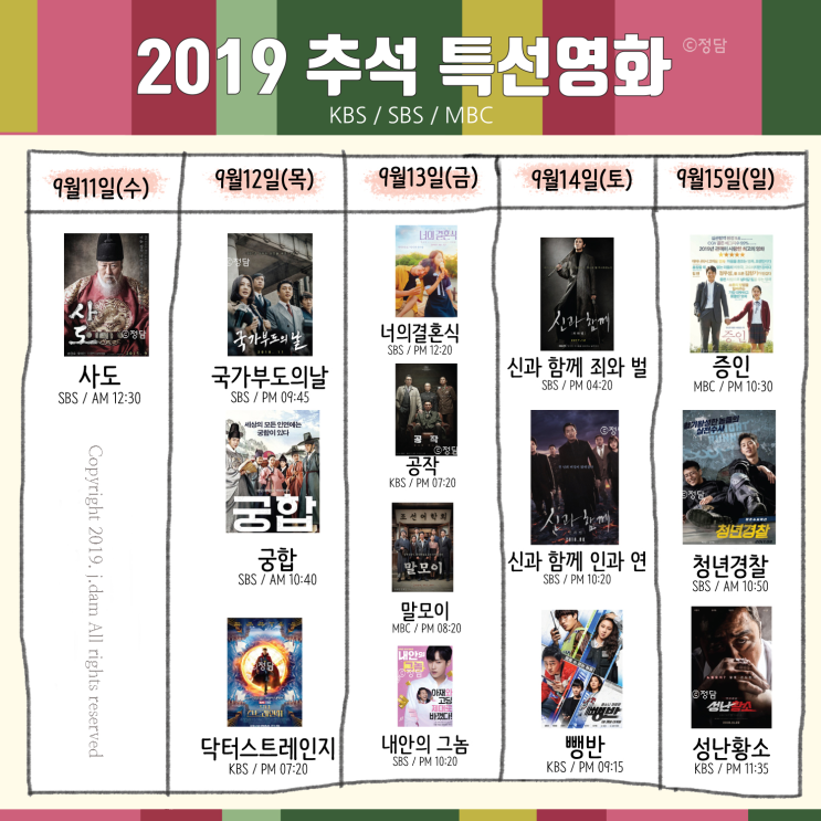 2019년 추석 특선영화 편성표 KBS SBS MBC 총정리