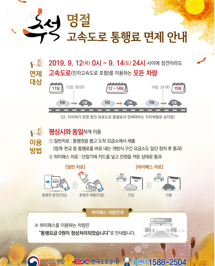  2019 추석 명절 고속도로 통행료 무료 !