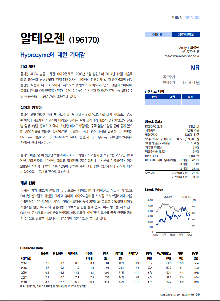  [알테오젠]190909 이베스트투자증권 최석원