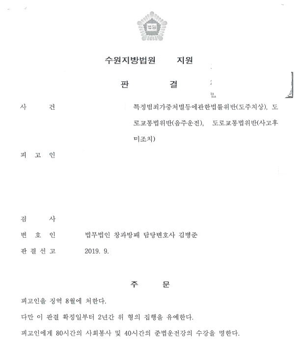 음주뺑소니 집행유예 선고사례