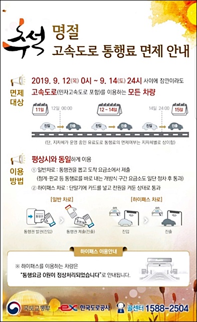  추석 명절 고속도로 통행료 면제 안내