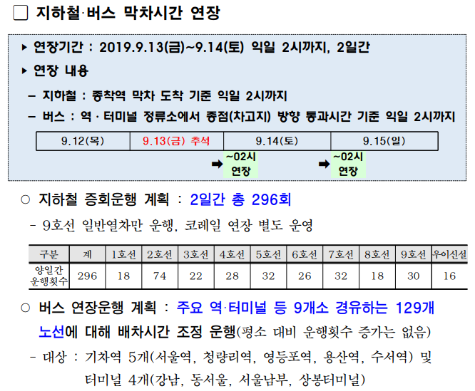  추석 명절 인사 - 대중교통 및 공항 연장운행