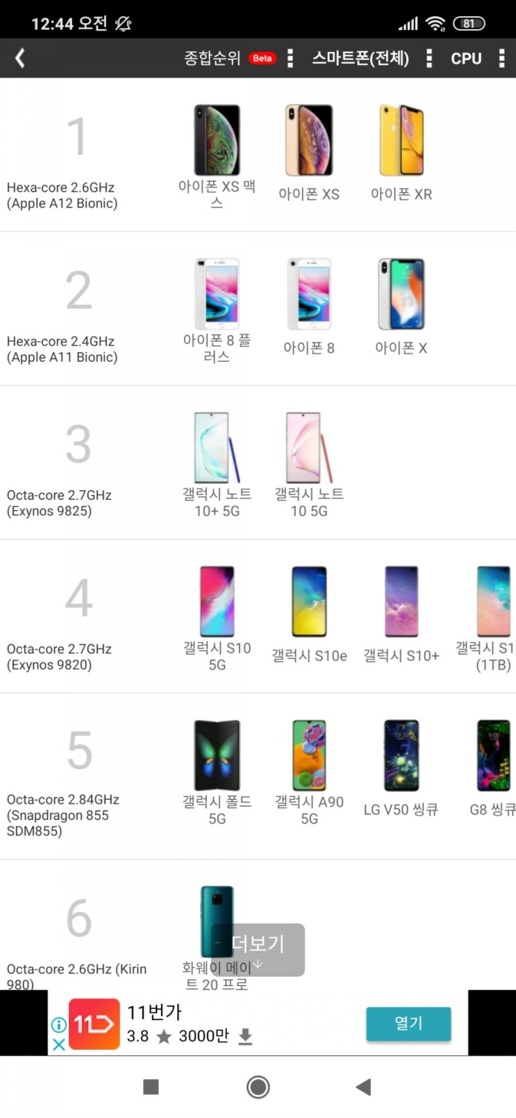  2019년 9월자 스마트폰 랭킹 순위, 아이폰xs맥스 스펙, 갤럭시노트10 스펙