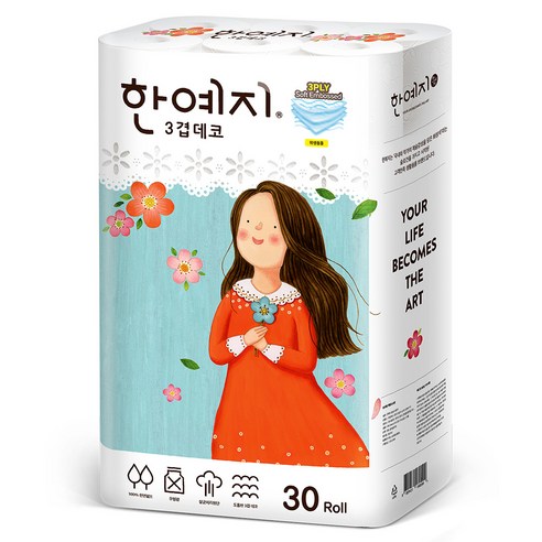 한예지 3겹데코 천연펄프 롤화장지 27m, 30롤, 1팩