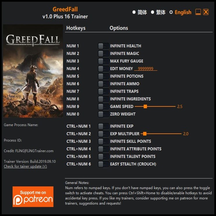  19-09-10 그리드폴 트레이너 (GreedFall Trainer v1.0 +16)3DM