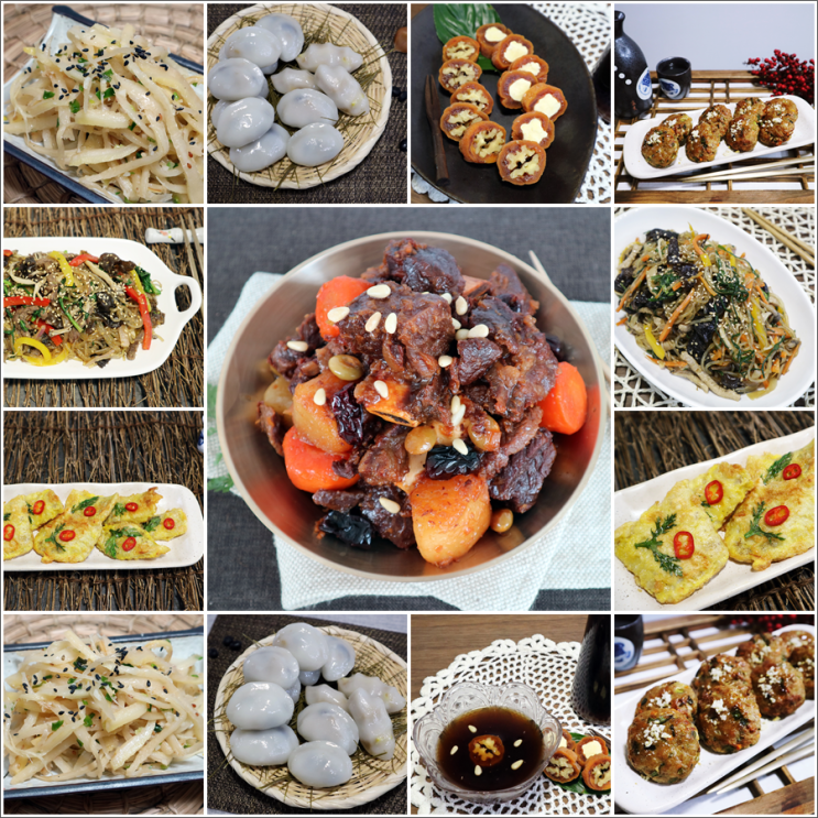  추석 음식 : 소갈비찜, 잡채, 송편, 동태전, 동그랑땡,  고사리나물, 도라지나물, 수정과, 곶감말이 만드는 법