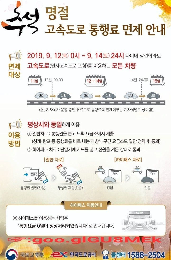  2019 추석 명절 고속도로 통행료 면제