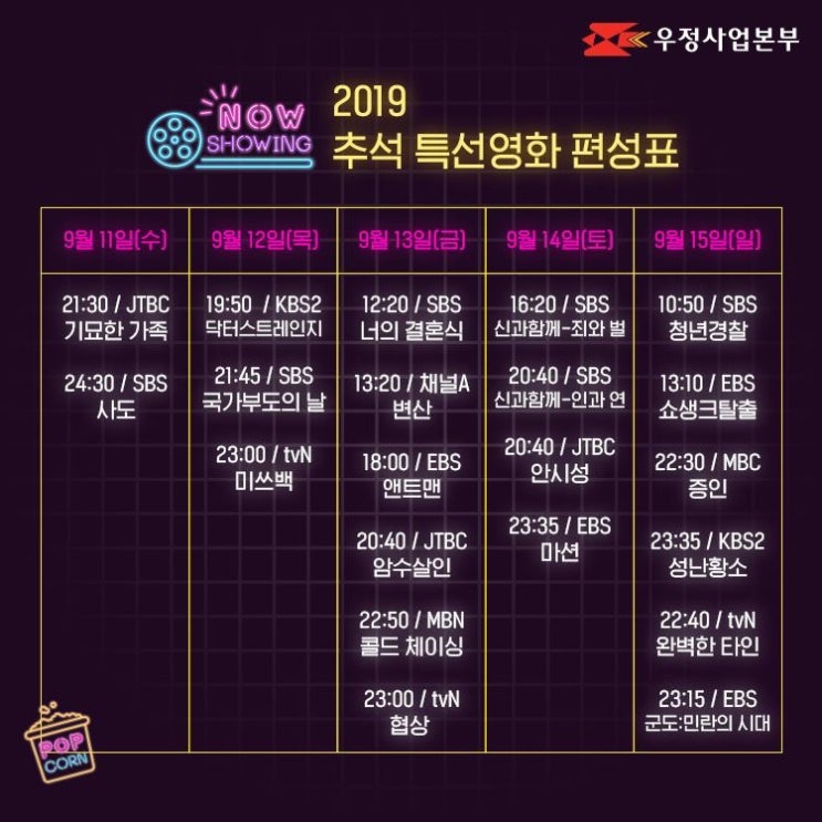  2019년 추석명절 특선영화 편성표