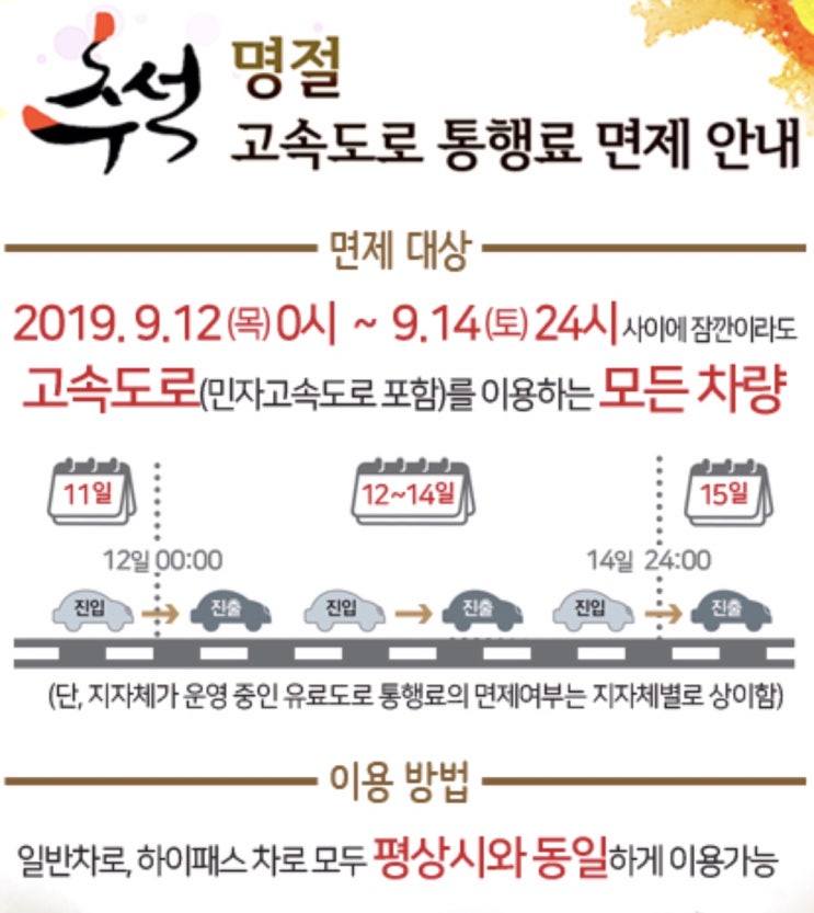 19년 추석명절 고속도로 교통상황/ 공공주차장 개방 / 관광지 무료개방 / 재래시장 주차 / 대중교통 막차시간 연장 정보!