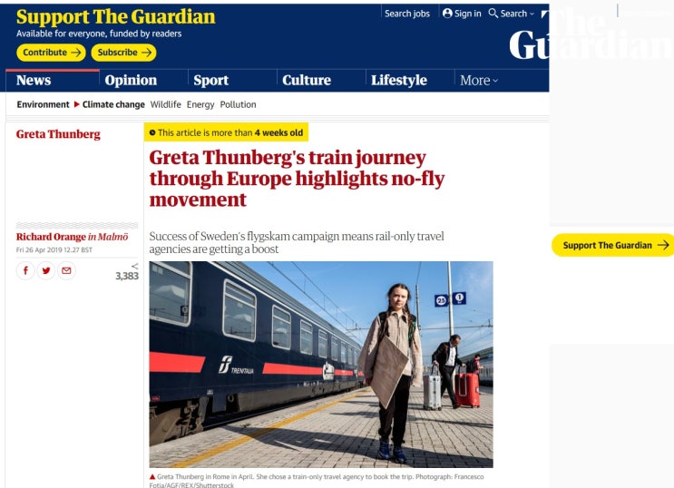 그레타 툰버그의 유럽 기차여행은 비행금지 운동을 강조한다