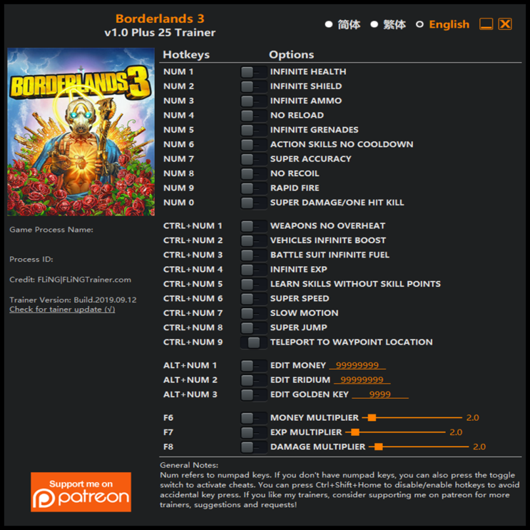  19-09-13 보더랜드 3 트레이너 (Borderlands 3 Trainer v1.0 +25)3DM