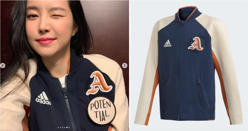 스포티한 손나은 인스타그램 패션은 아디다스 바시티 자켓/VRCT JACKET