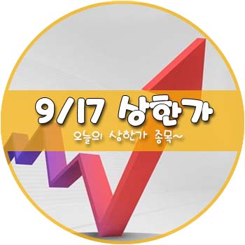 오늘의 상한가 및 테마주 9월 17일 _ 백광소재 우진비앤지 흥구석유 신라에스지 마니커 체시스 대성미생물 이글벳 제일바이오 진바이오텍 하림 마니커에프앤지 액션스퀘어 정다운