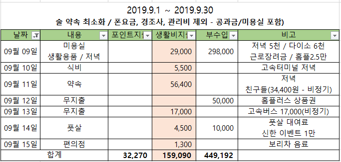  [1인가구 한달 30만원 살기] 9월 9일 ~ 15일 가계부