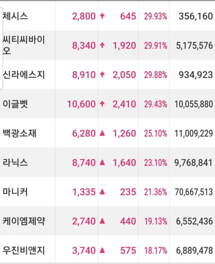  오늘주식 테마관련 주식 급등종목 입니다.체시스