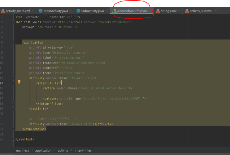 안드로이드 스튜디오 - AndroidManifest.xml 설명 안드로이드 스튜디오 - AndroidManifest.xml 설명