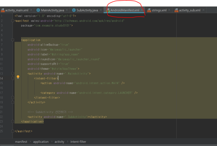안드로이드 스튜디오 - AndroidManifest.xml 설명