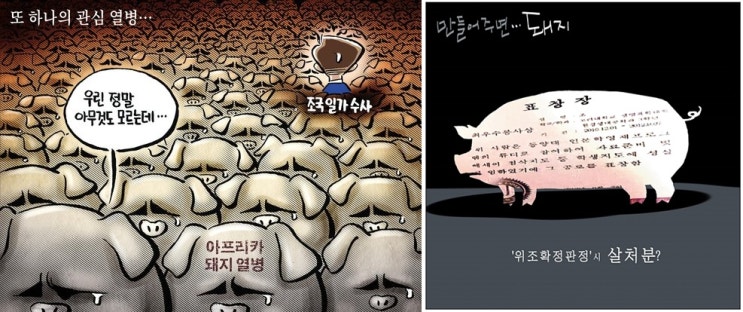  돼지열병과 조국 비유한 중앙·국민 만평 등 사퇴로 몰고가는 보수의 사설
