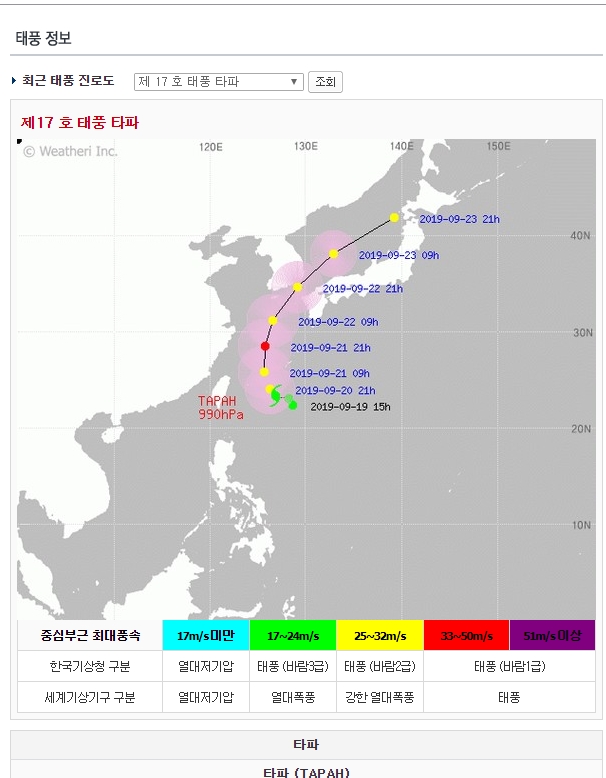  제17호태풍 타파 예상진로 / 제16호 태풍 페이파 예상경로 / 주말태풍 예상위치