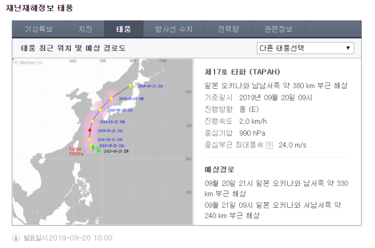 제 17호 태풍 '타파' 현재 상황