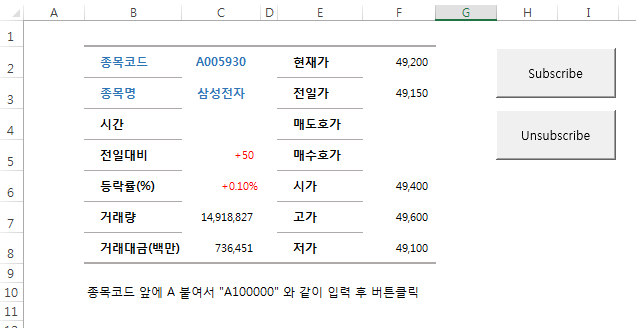 증권사 API 이용해서 엑셀에 실시간 주가 수신하는 파일