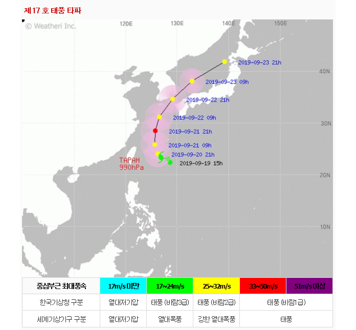  제17호 태풍 타파 북상, 일요일부터 많은비 예상 가을태풍 조심하세요