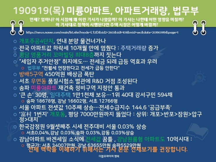  190919 (목) 미륭아파트 재건축 정비구역 지정안 통과, 아파트거래량, 법무부 전월세 연장안, 청담 명품거리 최대8층, 우면동 품질시험소, 방배5구역