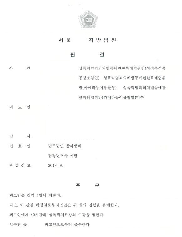  성적목적다중이용장소침입 및 카메라촬영 징역형의 집행유예 선고 사례