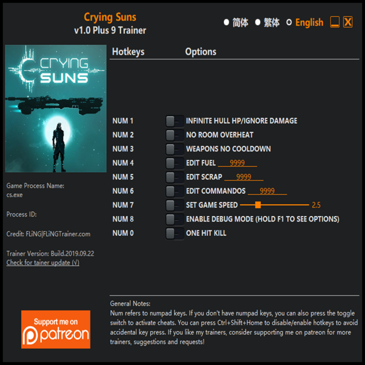  19-09-23 크라잉썬 or 크라잉선즈 트레이너 (Crying Suns Trainer v1.0 +9)3DM