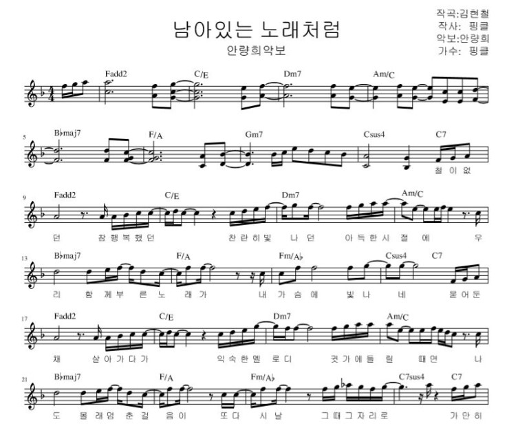  남아있는 노래처럼 악보/핑클-남아있는 노래처럼 무료악보/남아있는노래처럼악보