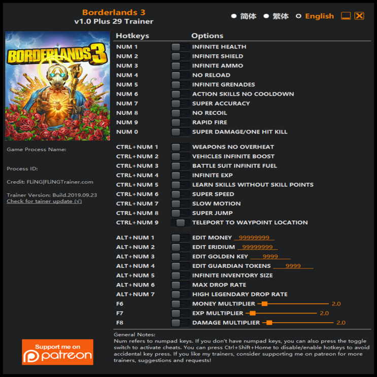  19-09-23 보더랜드 3 트레이너 (Borderlands 3 Trainer v1.0 +29)3DM