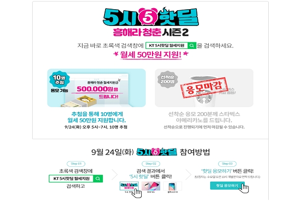  KT 5시 핫딜, '월세 50만원 지원' 이벤트 진행... "서둘러요, 오후 7시까지야"