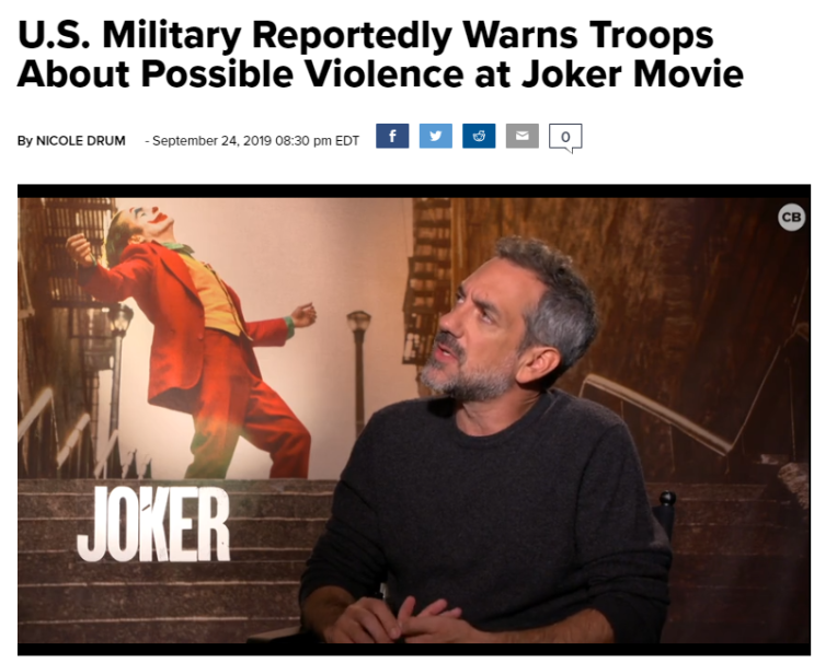 DC 조커 영화 폭력성 가능성에 미군이 반응하다