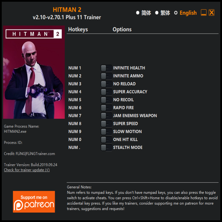  19-09-25 히트맨2 트레이너 (HITMAN2 Trainer v2.10-v2.70 +11) 3DM