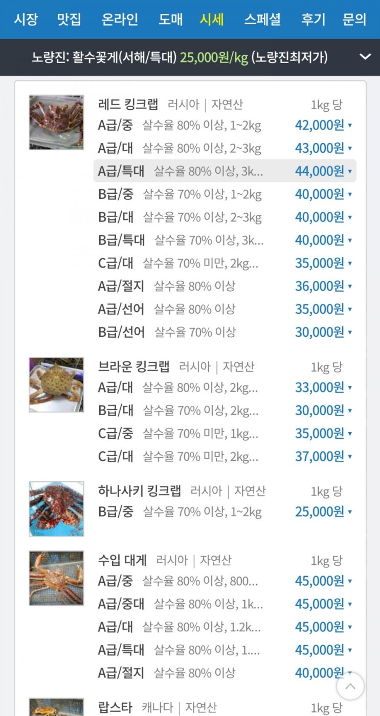 노량진 수산시장 킹크랩 시세