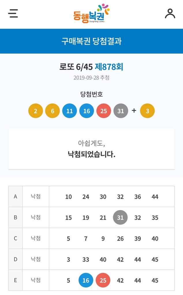 이번 주, 로또 6/45 제878회 당첨번호 (20190929 추첨)