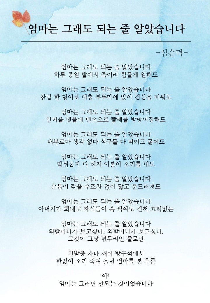 [시 나눔] 엄마는 그래도 되는 줄 알았습니다. (심순덕) : 네이버 블로그