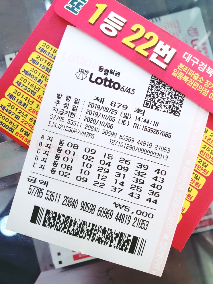  로또 879회 예상번호 < 일요일 자동번호 10조합 > 대구, 경북 로또1등 최다 당첨판매점 '대구일등복권편의점' 구매번호