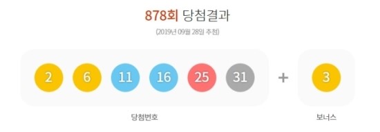 878회 로또 1등 '2,6,11,16,25,31'… 보너스 '3' 878회 로또 1등 '2,6,11,16,25,31'… 보너스 '3'