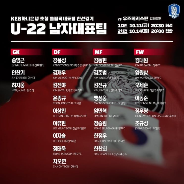 대한민국 올림픽 축구 국가대표 10월 친선경기  소집 명단 발표 및 일정(U22, 우즈베키스탄)