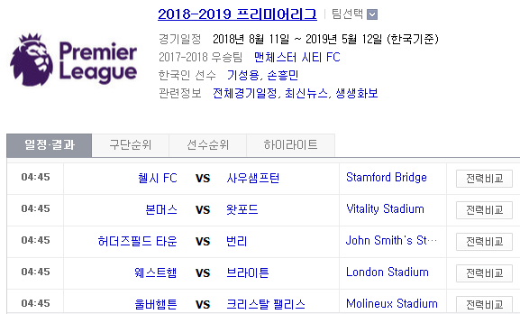 2019.01.02 EPL(프리미어리그) (첼시 vs 사우샘프턴 본머스 vs 왓포드 허더즈필드 vs 번리 웨스트햄 vs 브라이튼 울버햄튼 vs 크리스탈팰리스 뉴캐슬 vs 맨유)