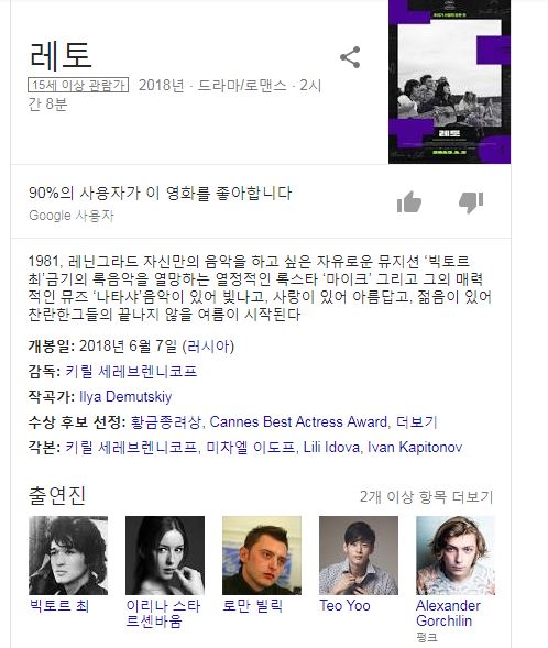  빅토르 초이의 영화-레토(Leto, 세레브렌니코프 감독, 유태오 배우)가 개봉.